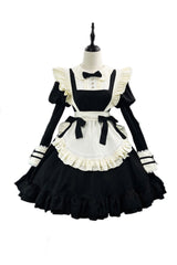 Black/White Maid Long Sleeves Ruffle Bowknot Sweet Plus Size Lolita Dress Full Set - Product - 3