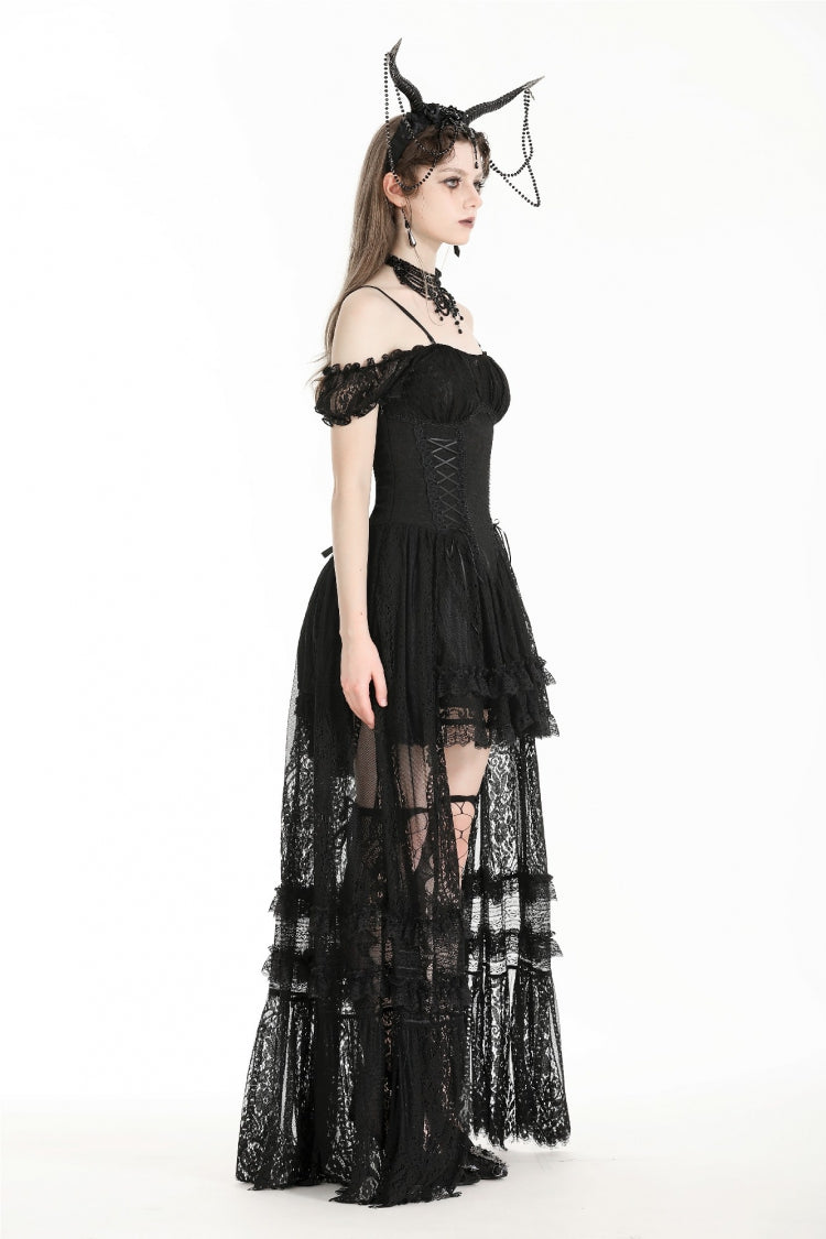 Black Off Shoulder Short Flutter Sleeves Lace-Up Lace High/Low Women's Gothic Prom Slip Dress - Product - 7