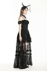 Black Off Shoulder Short Flutter Sleeves Lace-Up Lace High/Low Women's Gothic Prom Slip Dress - Product - 7