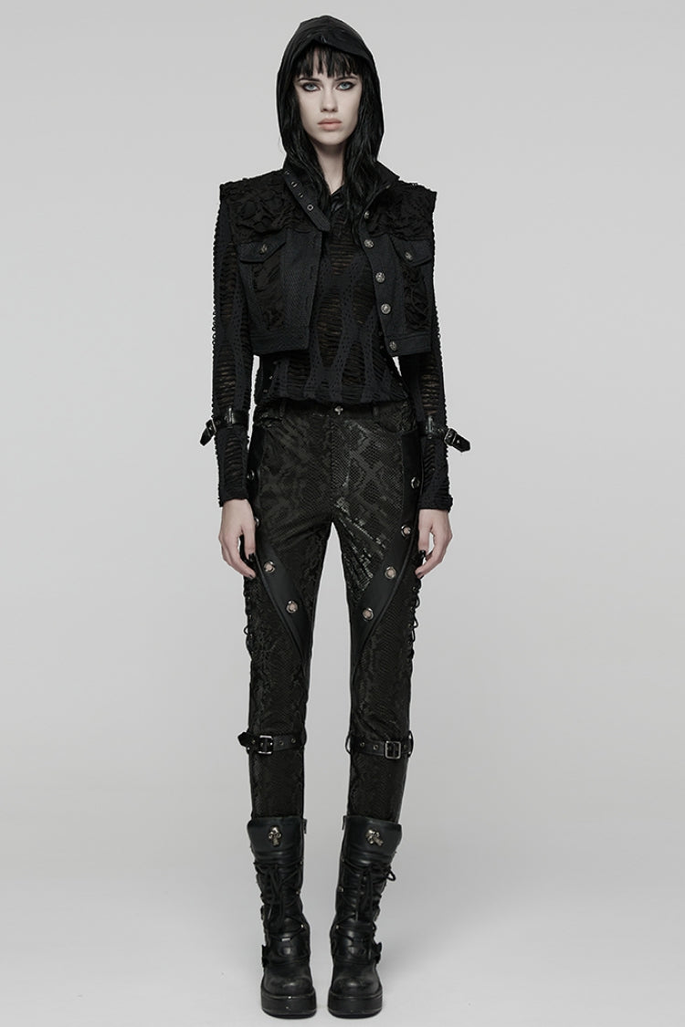 Black Stand Collar Sleeveless Ripped Buckle Women's Punk Short Vest - Product - 4