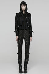 Black Stand Collar Sleeveless Ripped Buckle Women's Punk Short Vest - Product - 4