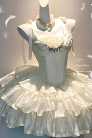 White Triple-Layered Ruffle Bowknot Lace Sweet Princess Lolita Jsk Dress - White - 1