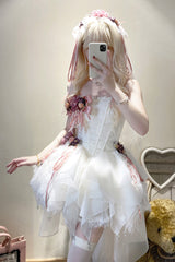 White Sleepless Poem Fishbone Bowknot Asymmetric Sweet Lolita Jsk Dress - Product - 2