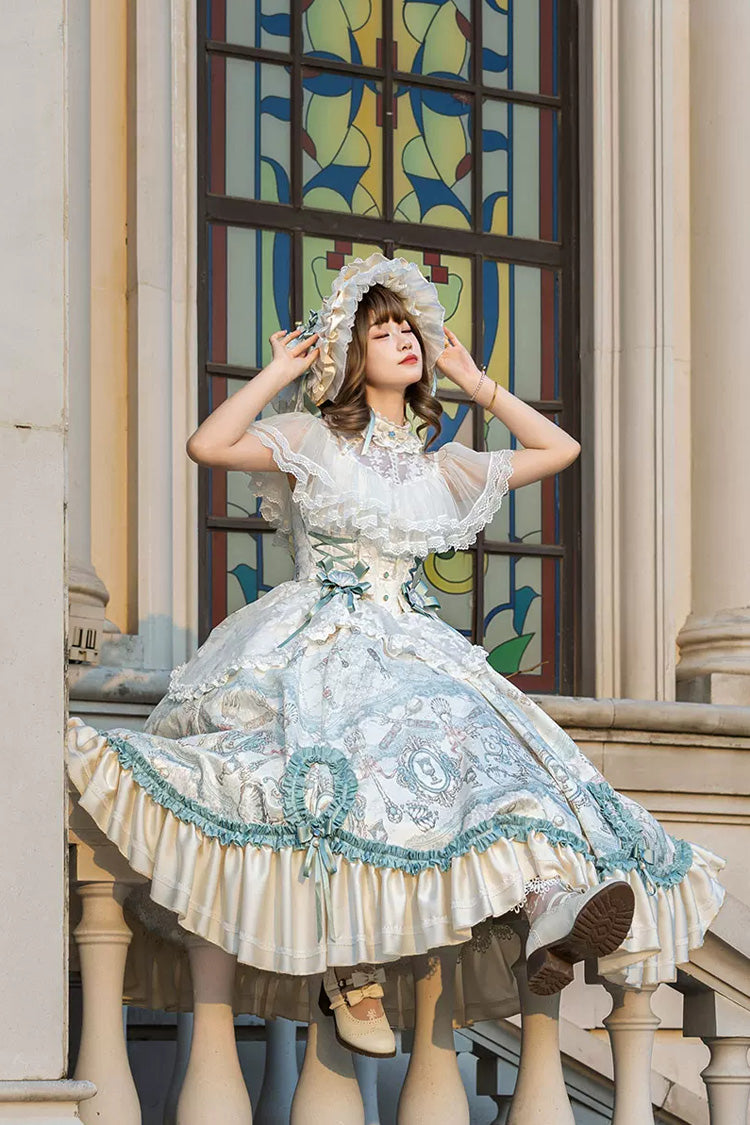 Ivory [Cloudborne Prelude] Edwardian Collar Jacquard Printed Ruffled Bow Lace Fishbone Sweet Classic Lolita Dress - Product - 6