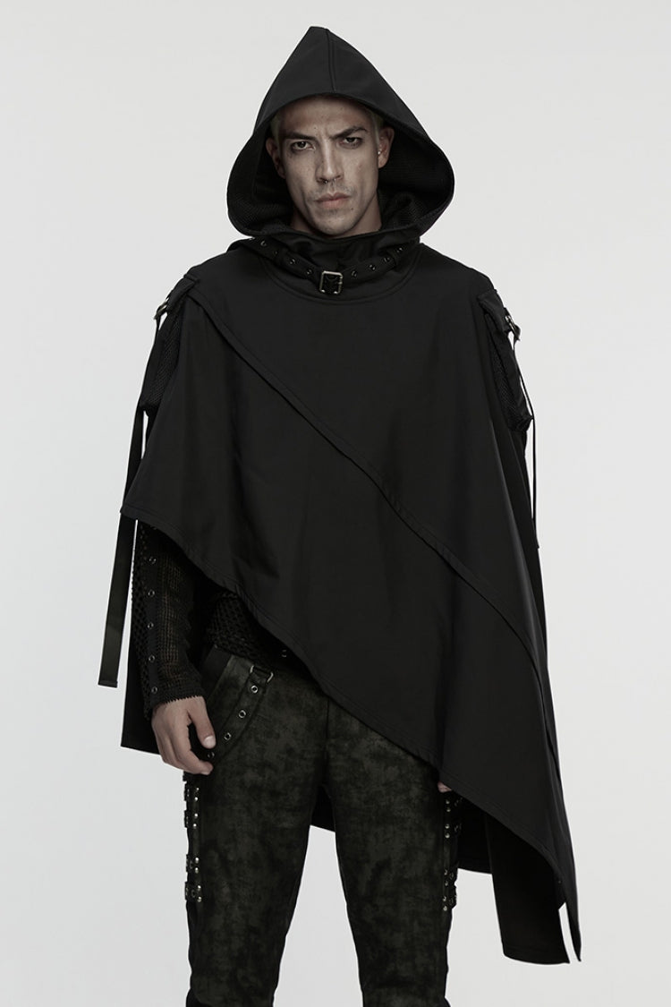 Black Irregular Hooded Buckle Straps Men's Punk Cloak - Black - 1