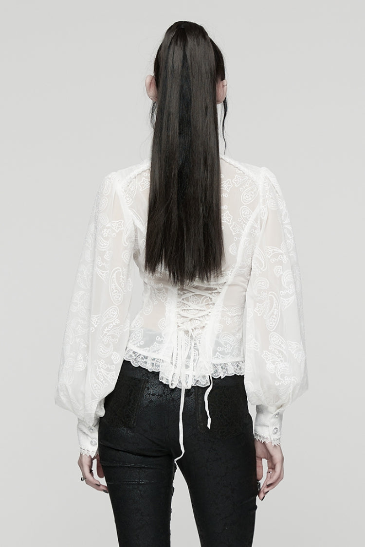 White Stand Collar Long Puff Sleeves Floral Embroidered Women's Gothic Blouse - Product - 3