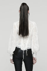 White Stand Collar Long Puff Sleeves Floral Embroidered Women's Gothic Blouse - Product - 3