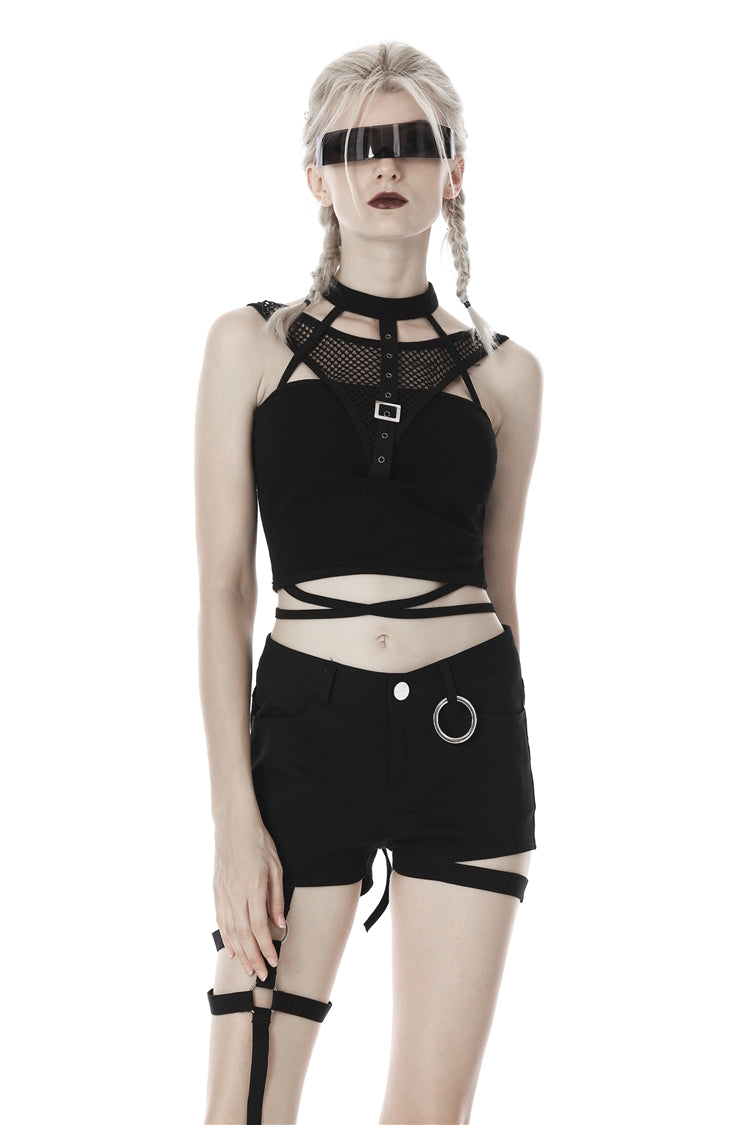 Black Halterneck Spliced Mesh Strappy Buckle Eyelet Harness Women's Punk Midriff-Baring Tank Top - Black - 1