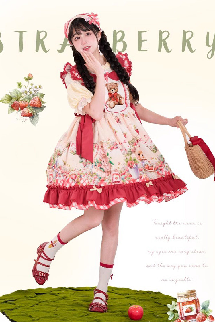 Red [December Strawberry Bear] Print Ruffle Bowknot Sweet Lolita Dress - Product - 4