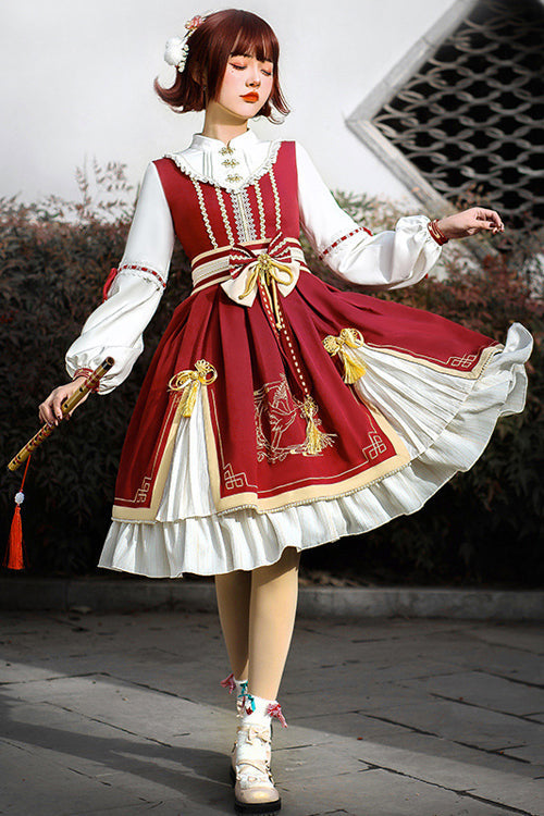 Red Chinese New Year Golden Crane Print Long Sleeve Sweet Lolita OP Dress - Product - 2