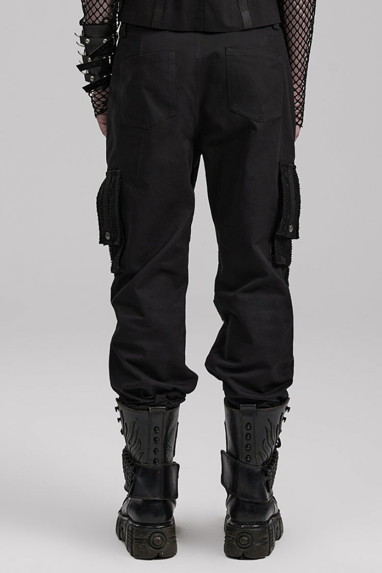 Black Stitching Mesh Metal Ring Decoration Men's Steampunk Pants - Product - 3