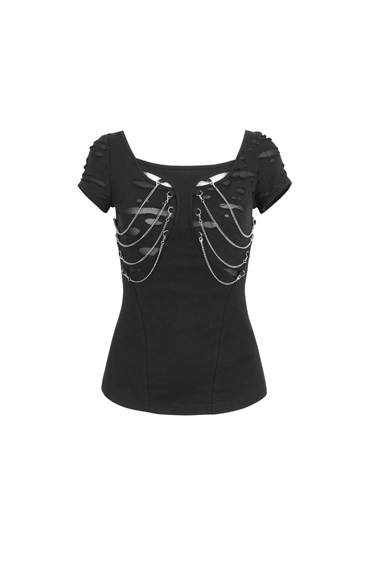 Black Short Sleeves Hollow Ripped Women's Steampunk T-Shirt - Product - 7