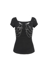 Black Short Sleeves Hollow Ripped Women's Steampunk T-Shirt - Product - 7