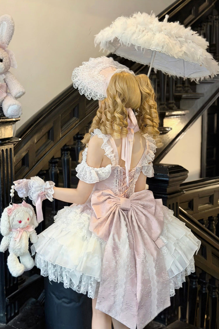 Pink [Pearl Ballet] Square Collar Sleeveless Multi-Layered Ruffled Bow Lace-Up Pearl-Decorated Sweet Ballet Lolita Jsk Dress - Product - 3