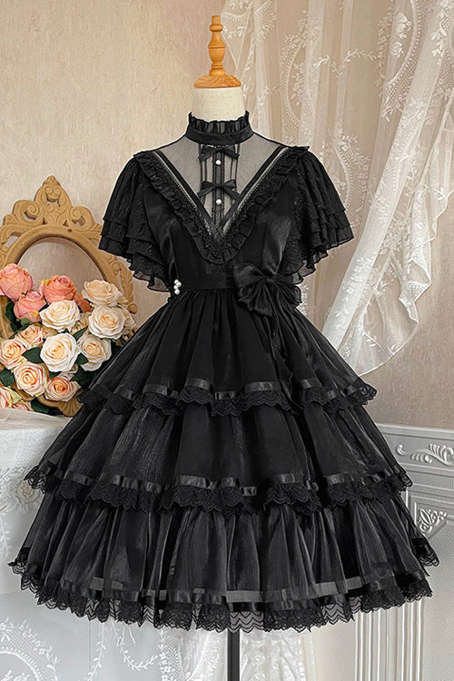 Dark Black Castle Night High Waisted Ruffled Hanayome Gothic Lolita Tiered Dress - Product - 2