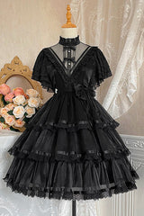 Dark Black Castle Night High Waisted Ruffled Hanayome Gothic Lolita Tiered Dress - Product - 2