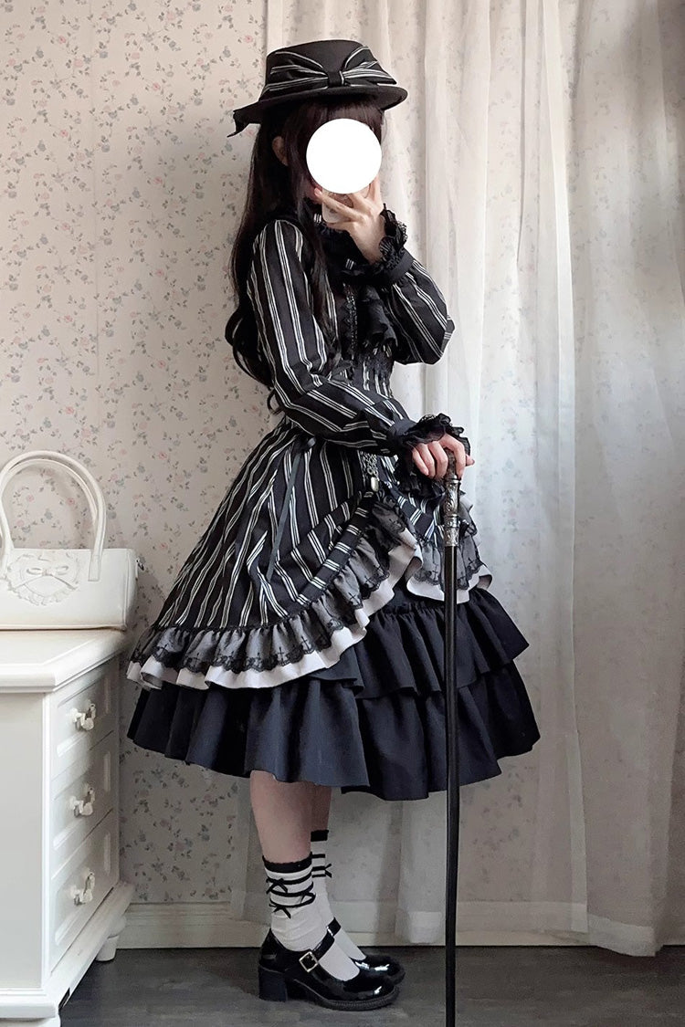 Black Stand Collar Long Sleeves Multi-layer Striped Print Ruffle Gothic Lolita Dress - Product - 3