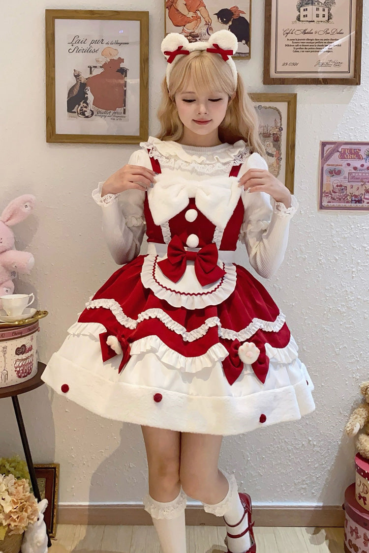 [Cream Snow Cat] Winter Ruffle Bowknot Sweet Lolita Jsk Dress 3 Colors - Product - 2