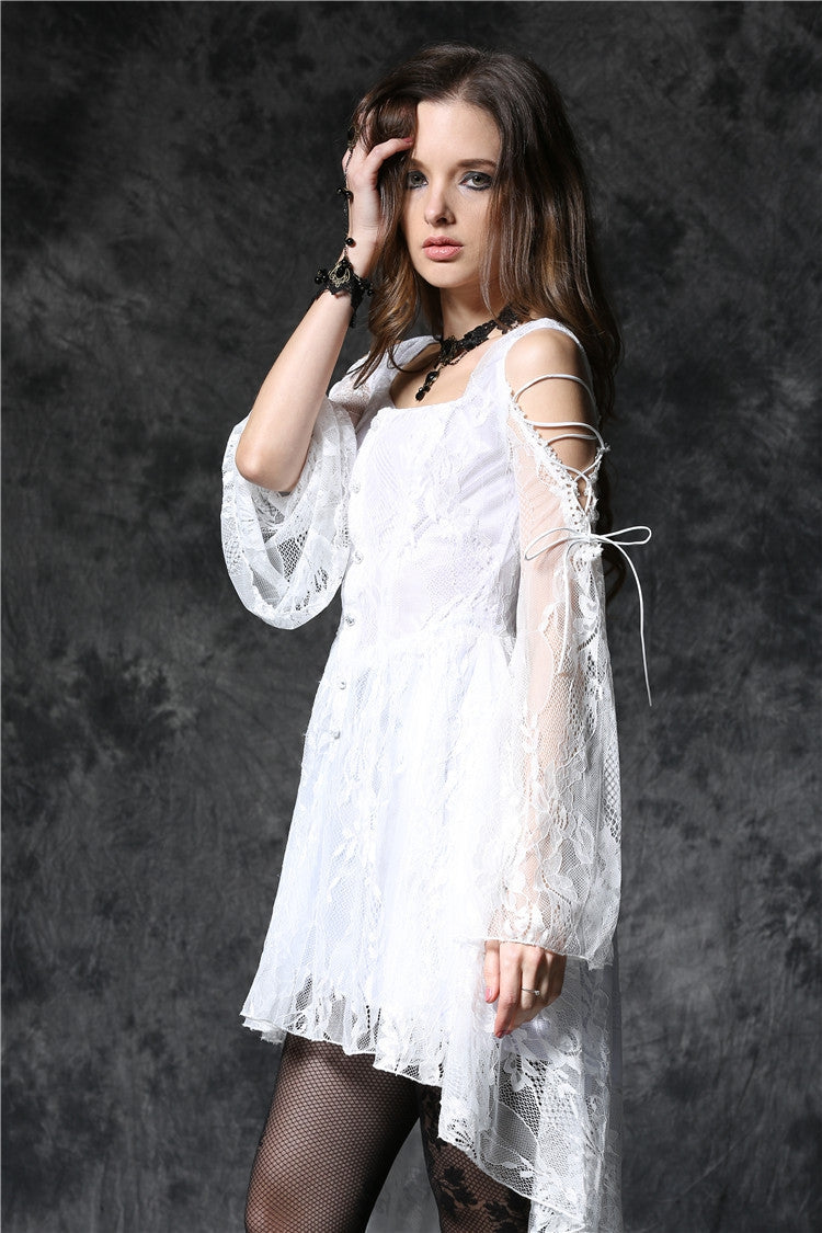 White Square Collar Sleeveless Overlay Embroidered Lace Women's Gothic Dress - Product - 9
