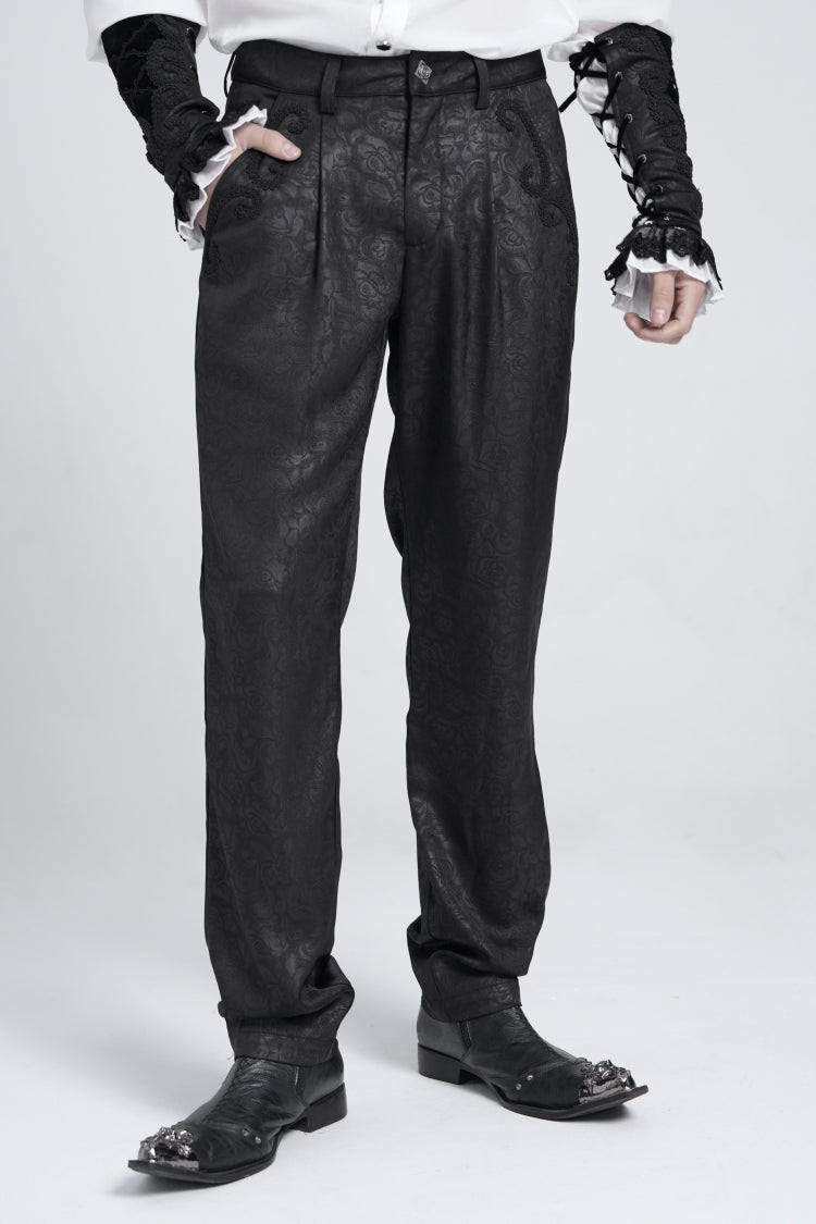 Black Floral Print Embroidery Men's Gothic Suit Pants - Product - 4