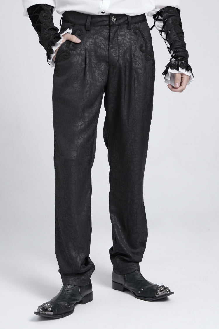 Black Floral Print Embroidery Men's Gothic Suit Pants - Product - 4