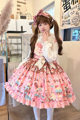 Pink [Bunny Tea Party] Sleeveless Print Ruffle Bowknot Daily Sweet Lolita Jsk Dress - Pink - 1