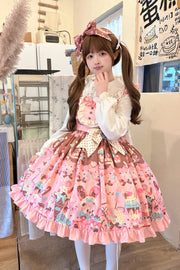 Pink [Bunny Tea Party] Sleeveless Print Ruffle Bowknot Daily Sweet Lolita Jsk Dress - image 1