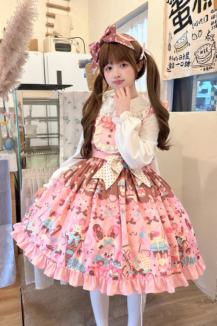 Pink [Bunny Tea Party] Sleeveless Print Ruffle Bowknot Daily Sweet Lolita Jsk Dress - Pink - 1