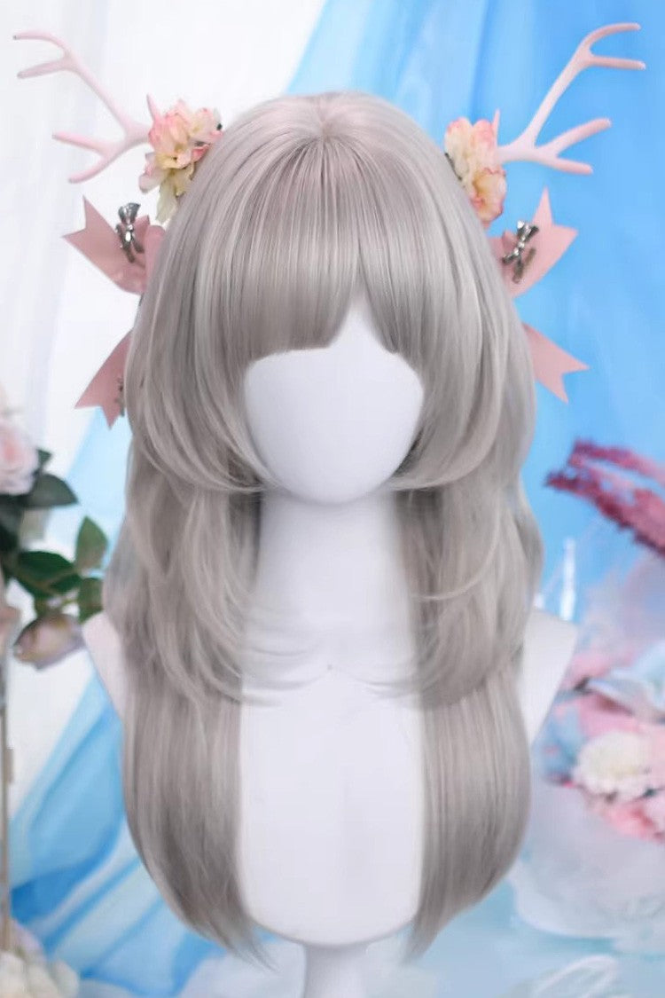 Moonfog Silver Gray Layered Wispy Air Bangs Daily Sweet Lolita Wig - Silver-Gray - 1