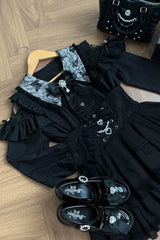Black [Dreamy Love Ballad] Lapel Collar Long Sleeves Double-Layered Ruffled Cut-Out Bow Gothic Japanese Jirai Kei Skirt Set - Black-Top(Only) - 9