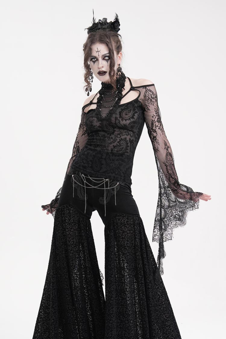 Black Long Sleeves Hollow Lace Mesh Ripped Women's Gothic Blouse - Product - 3