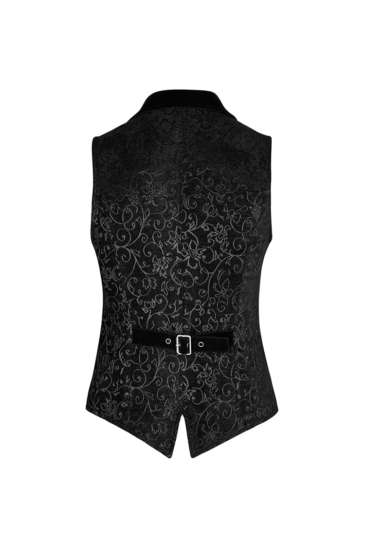 Black Jacquard Velvet Gothic Vintage V Collar Print Mens Vest - Product - 6