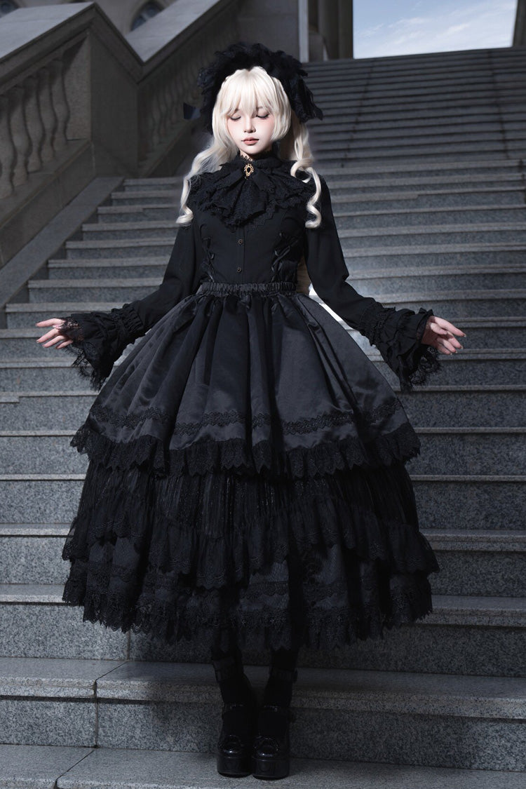 Black [Immortality Taboo] Multi-Layered Ruffled Open-Front Lace Elegant Gorgeous Gothic Lolita Skirt - Product - 10
