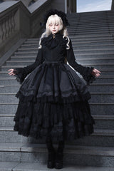Black [Immortality Taboo] Multi-Layered Ruffled Open-Front Lace Elegant Gorgeous Gothic Lolita Skirt - Product - 10