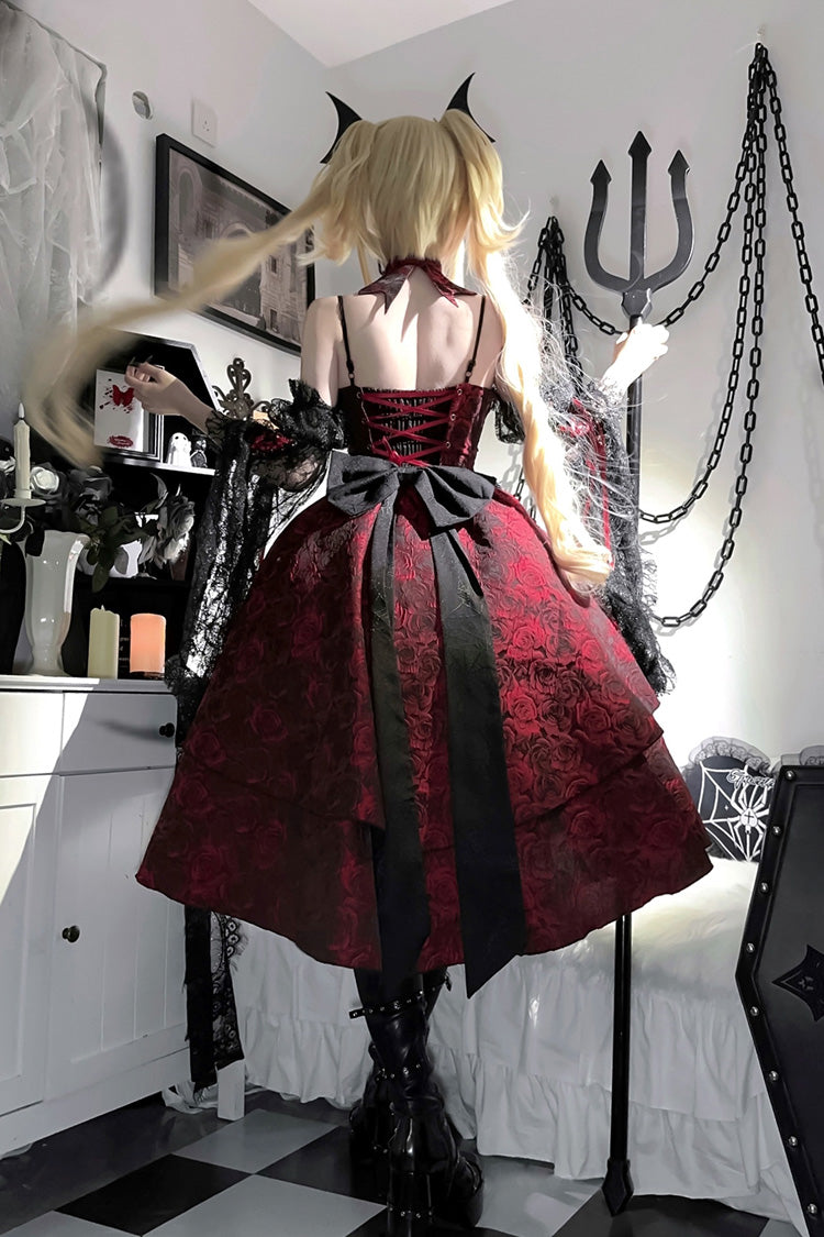 Red [Rose Dish] Ruffle Embroidery Cardigan Bowknot Lace-Up Gothic Lolita Jsk Dress - Product - 9