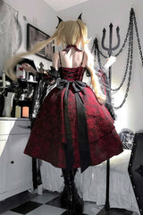 Red [Rose Dish] Ruffle Embroidery Cardigan Bowknot Lace-Up Gothic Lolita Jsk Dress - Product - 9