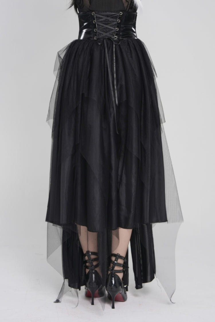 Black Multi-Layered Lace-Up Slim Irregular Asymmetric Eyelet Women's Gothic Long  Skirt - Product - 12