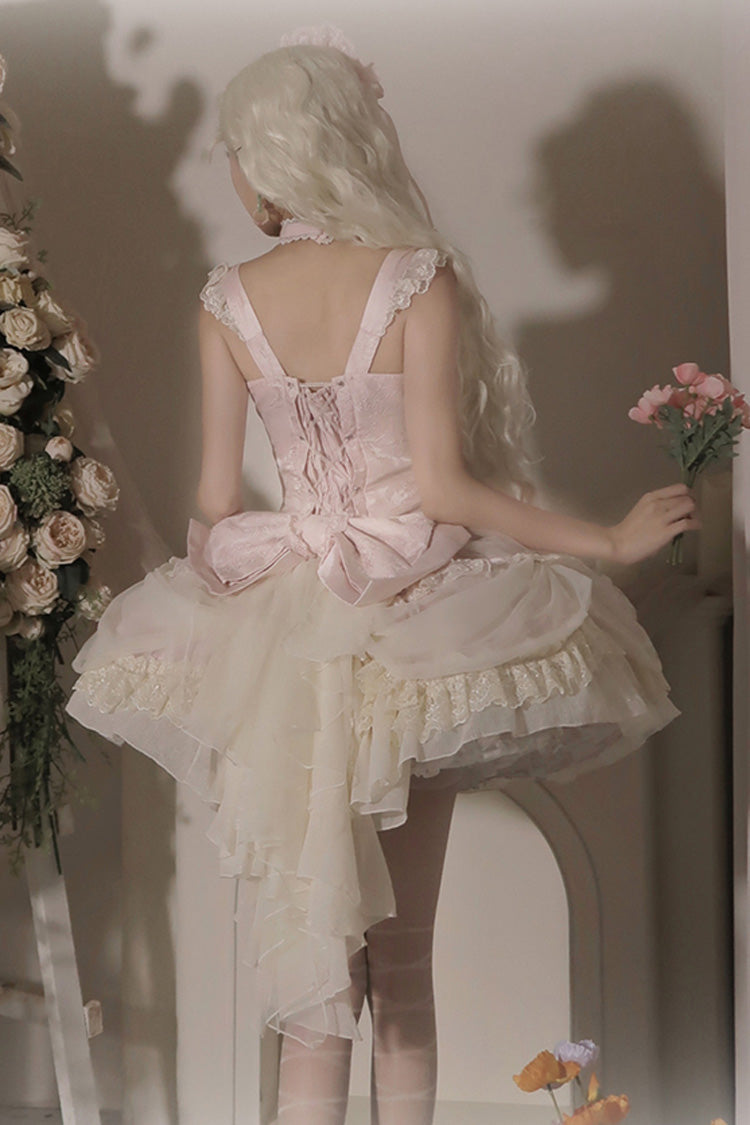 Pink [Dream Garden] Ruffle Hanayome Embroidery Bowknot Lace Fishbone Sweet Princess Gorgeous Lolita Jsk Dress - Product - 10