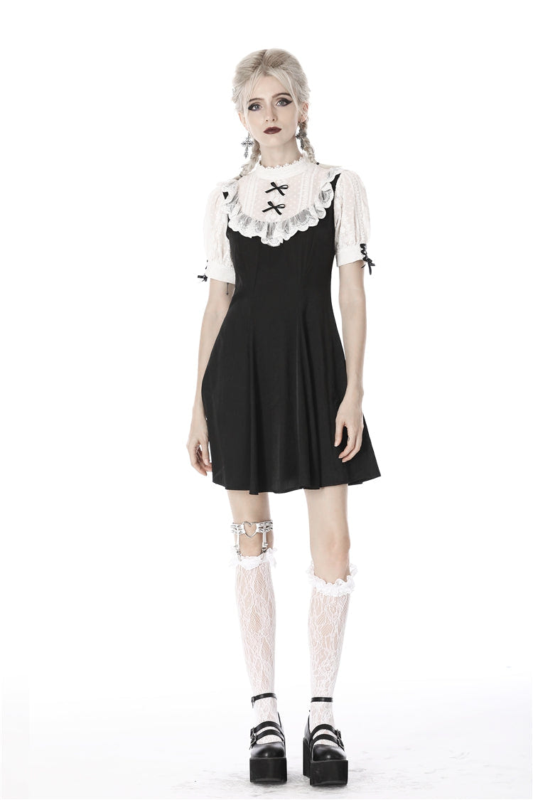 Black/White Stand Collar Short Sleeves Ruffled Women's Sweet Gothic Lolita Doll Midi Dress - Product - 6