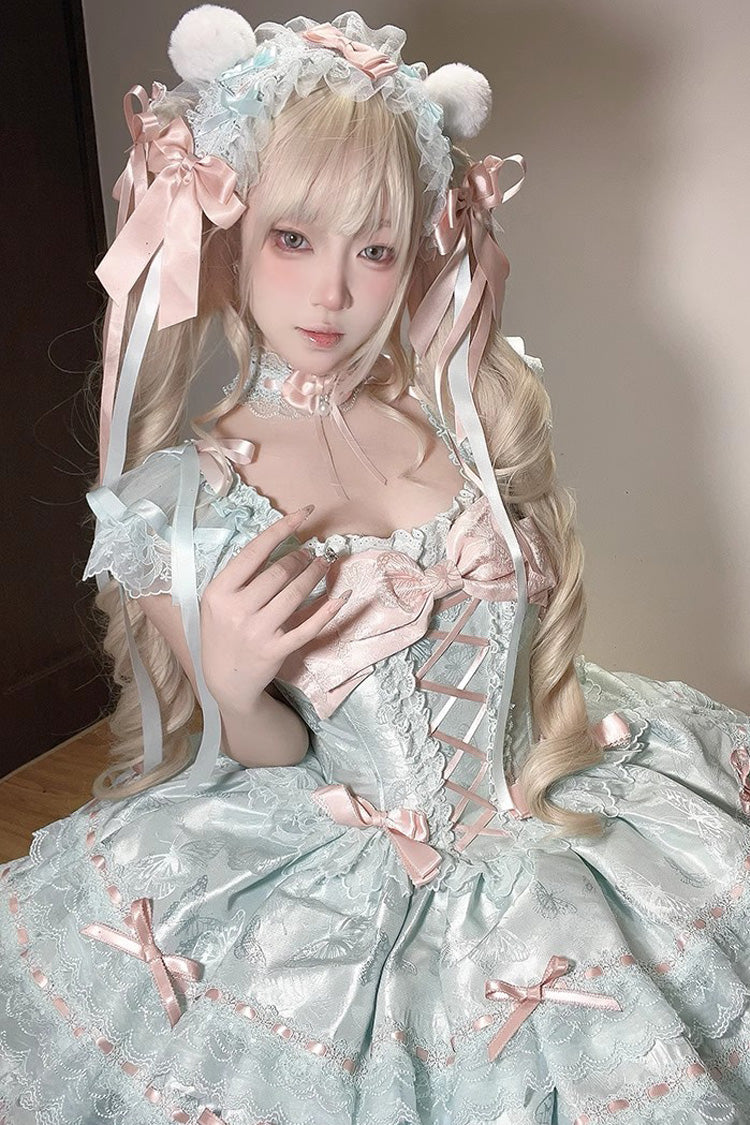 Green [Flora Isle Butterfly] Sleeveless Ruffle Bowknot Lace Lace-Up Sweet Elegant Lolita Jsk Dress - Product - 8