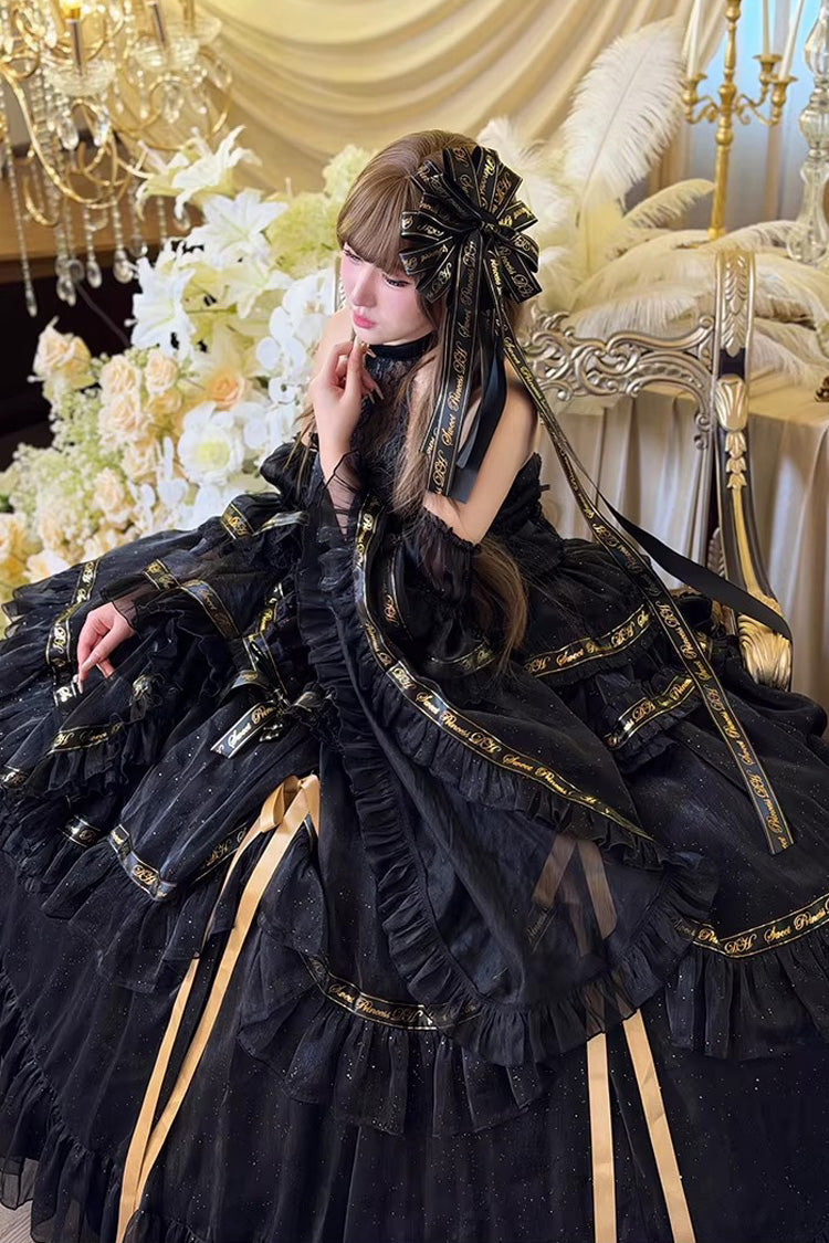 Black [Obsidian Banquet] Double-Layered Ruffled Hanayome Bow Lace Sweet Gothic Princess Lolita Jsk Dress - Product - 5
