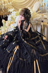 Black [Obsidian Banquet] Double-Layered Ruffled Hanayome Bow Lace Sweet Gothic Princess Lolita Jsk Dress - Product - 5