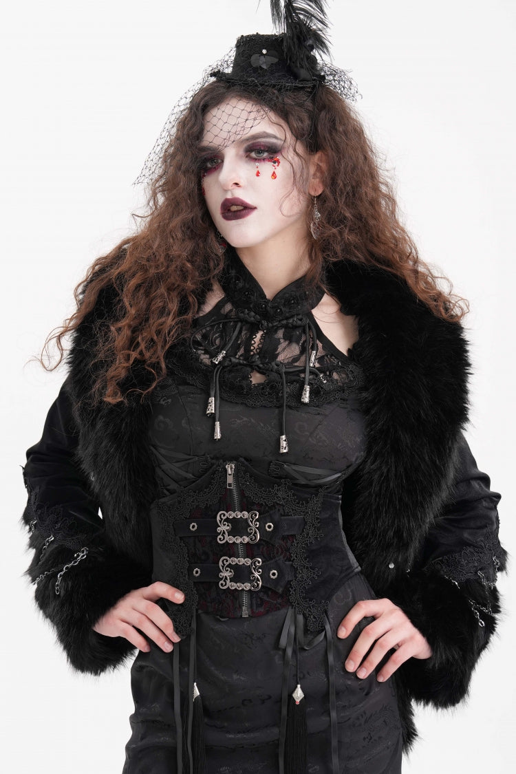 Black Faux Fur Bucket-up Chain Women's Gothic Jacket - Product - 3