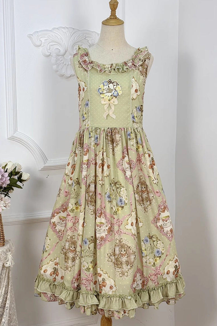 Green [Cat Rose Tea] Sleeveless Print Ruffle Bowknot Sweet Lolita Jsk Dress - Product - 7