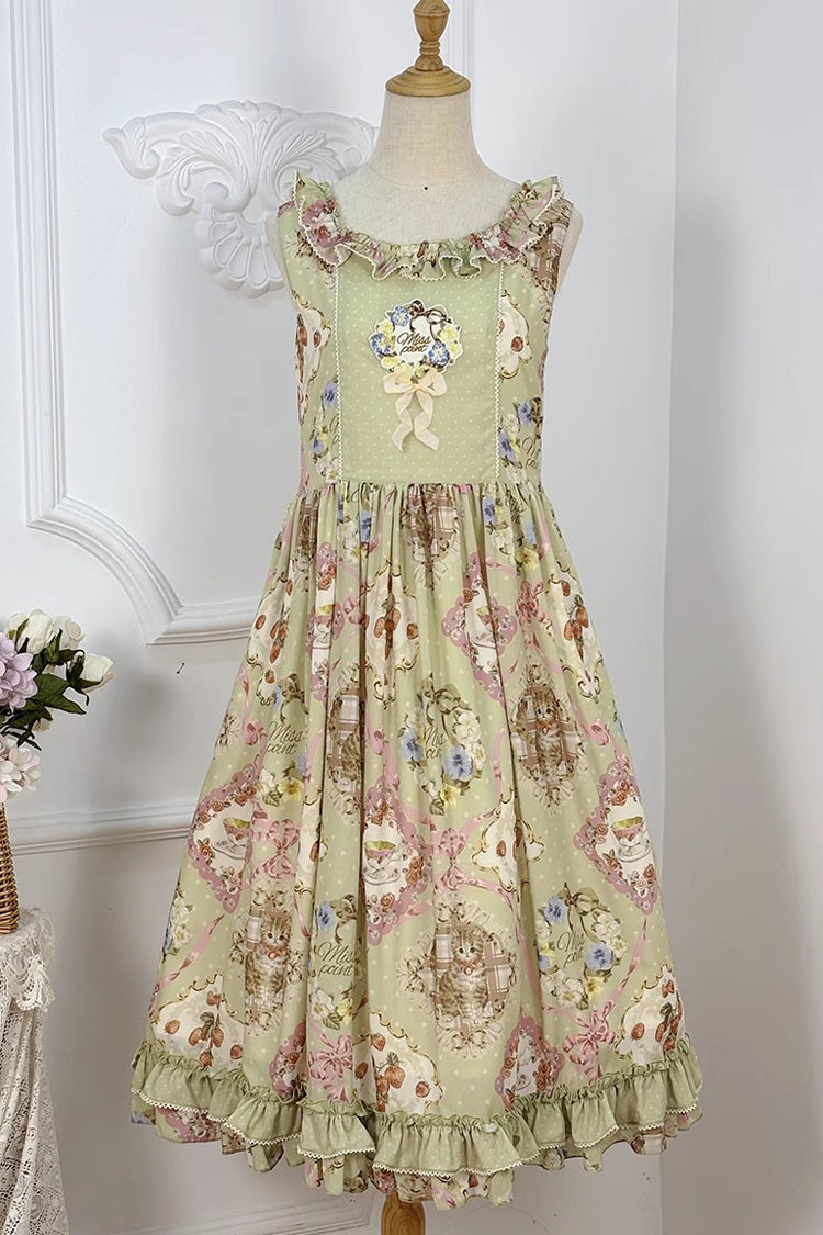 Green [Cat Rose Tea] Sleeveless Print Ruffle Bowknot Sweet Lolita Jsk Dress - Product - 7
