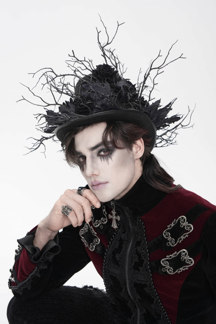 Black Men's Gothic Rose Leaf Branch Hat - Black - 9