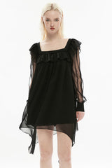 Long Sleeves Ruffle Stitching Lace Detachable Pin Bowknot Women's Gothic Dress 2 Colors - Black - 3