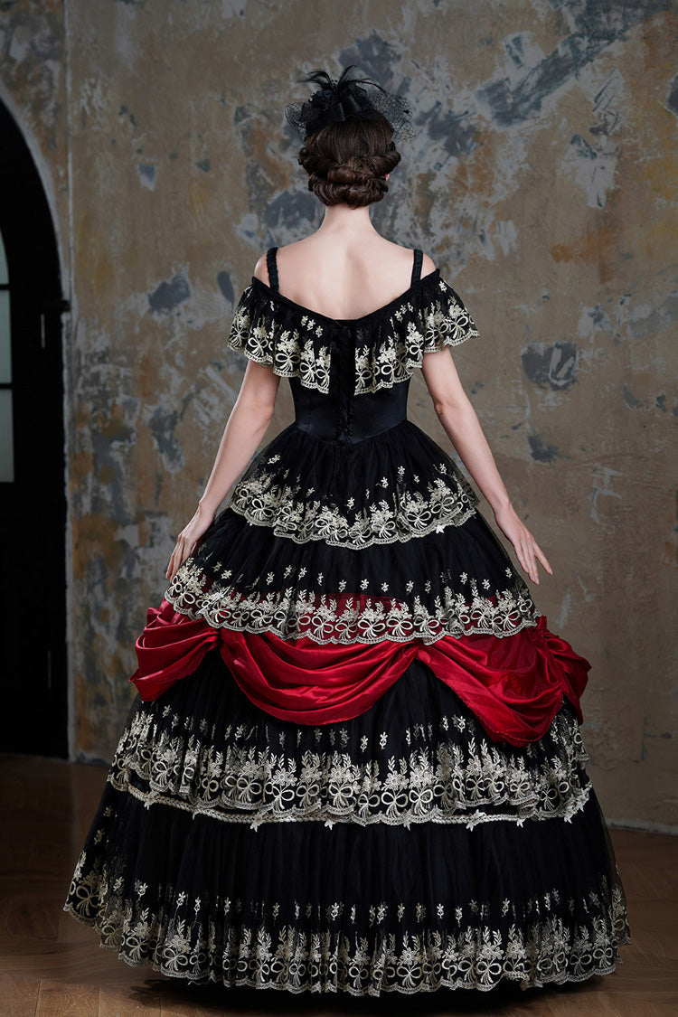 Black/Red Off Shoulder Short Sleeves Multi-Layered Ruffled Open-Front Mesh Gothic Vintage Palace Lolita Victorian Dress - Product - 3