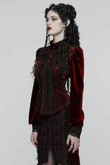 Red Stand Collar Long Puff Sleeves Floral Embroidered Lace-Up Women's Gothic Blouse - Product - 2