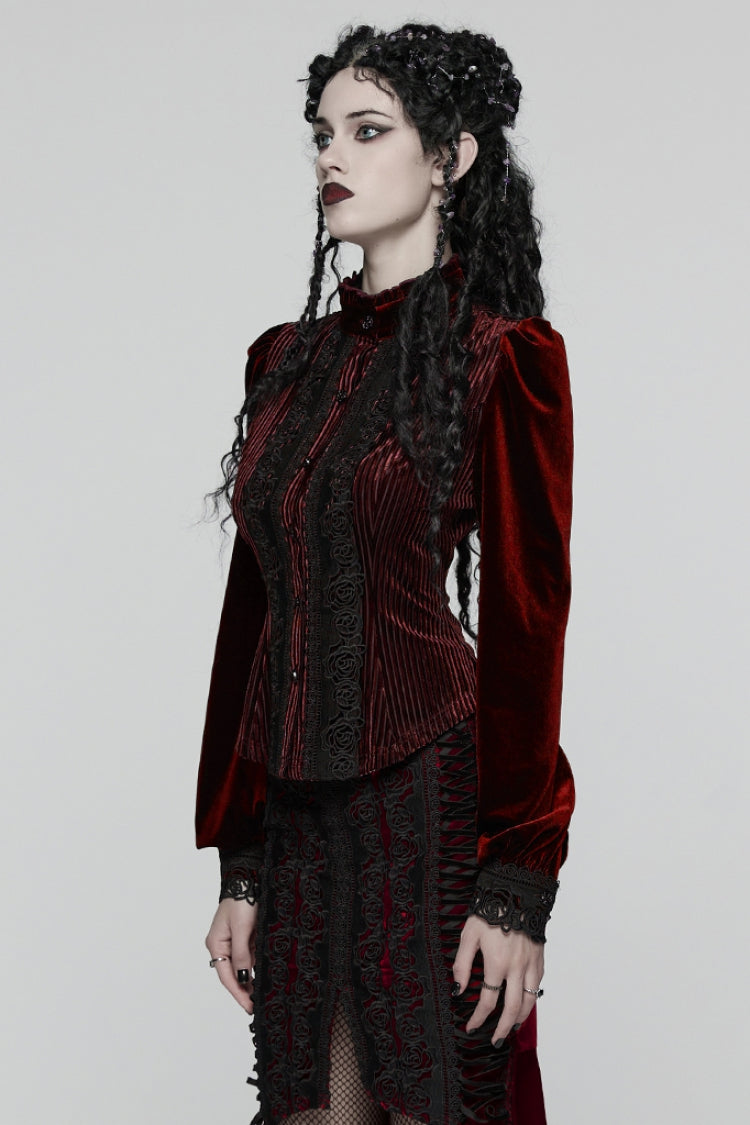 Red Stand Collar Long Puff Sleeves Floral Embroidered Lace-Up Women's Gothic Blouse - Product - 2
